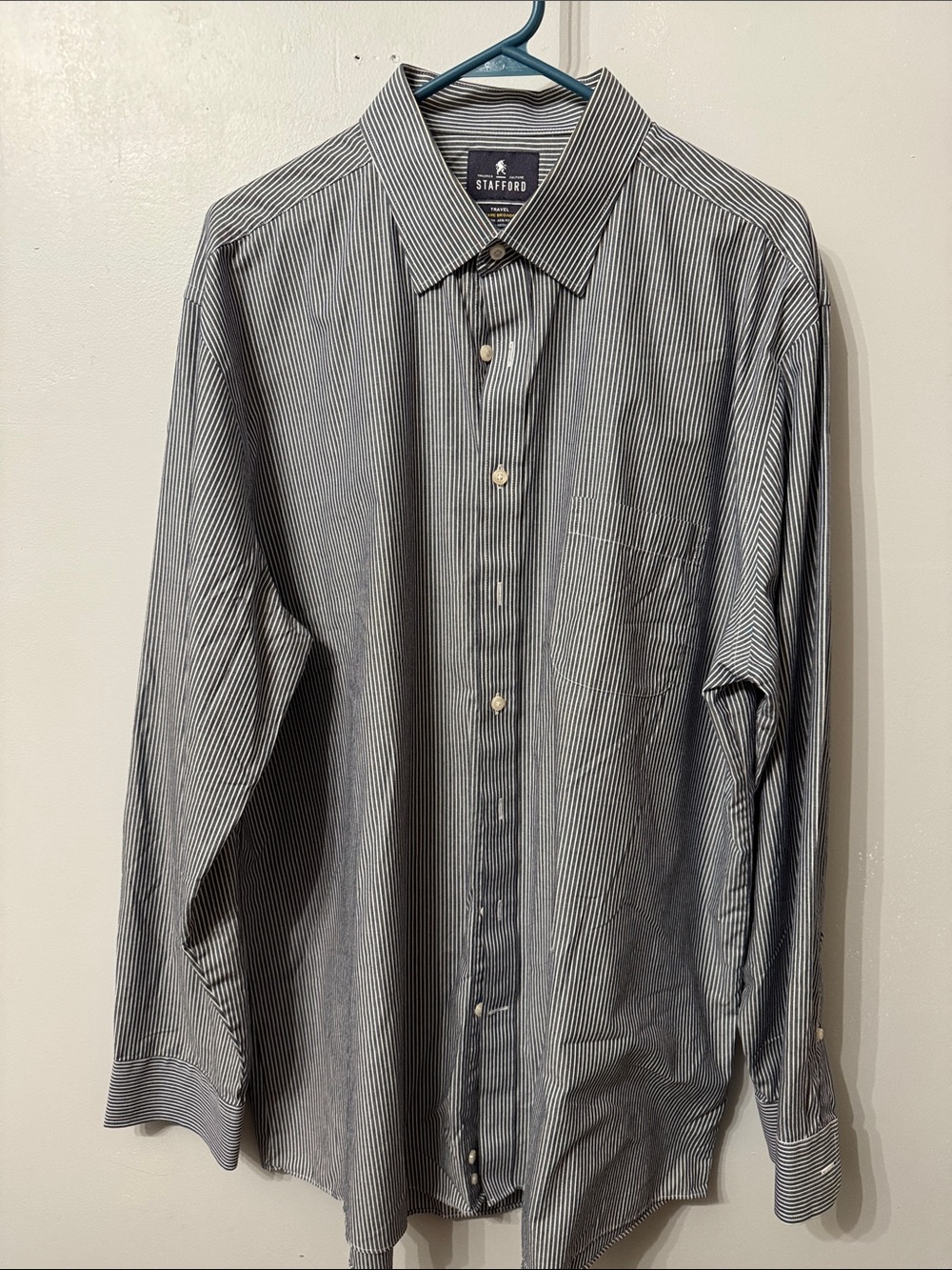 Stafford Men's Navy and White Pinstripe Dress Shirt